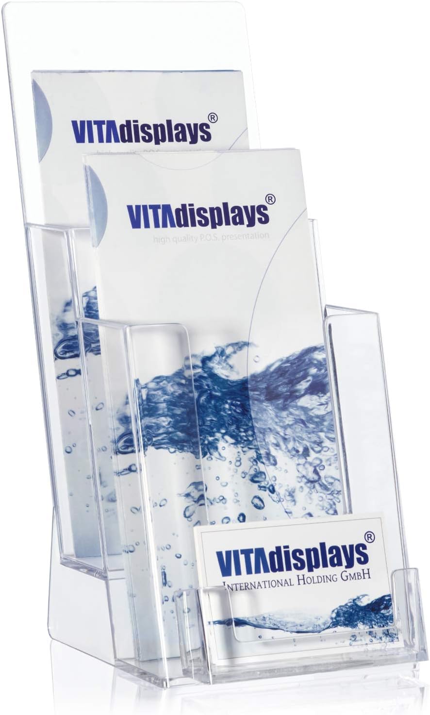 Prospektständer im DIN lang Flyerformat mit 2 Etagen und extra Visitenkartenhalter/Visihalter 2 Etag