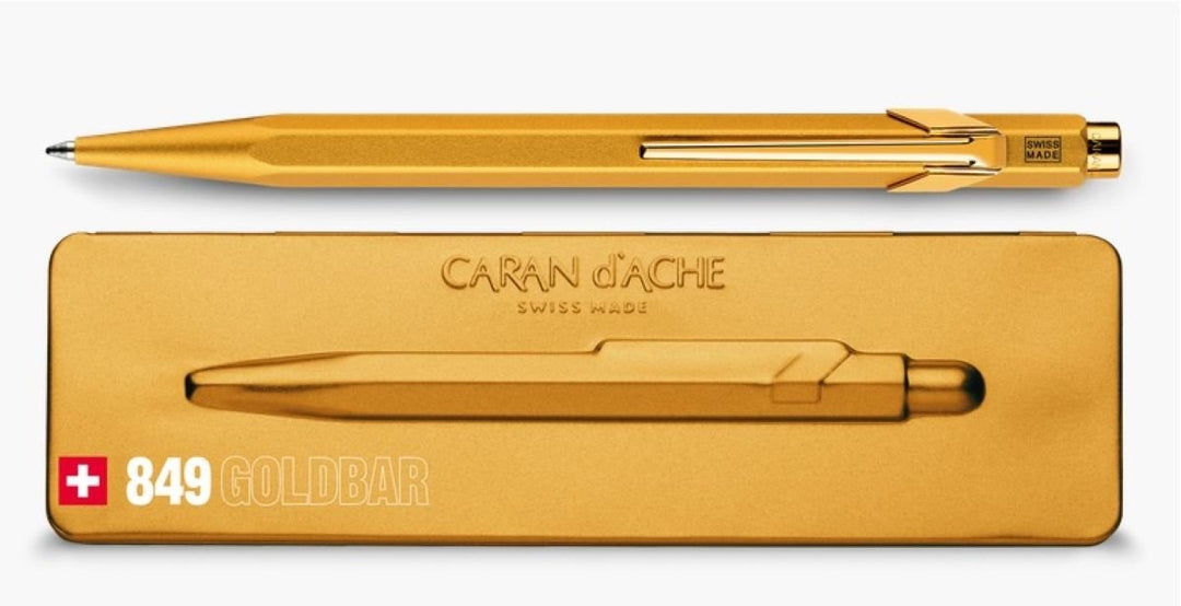 Caran d‘Ache, Kugelschreiber „849 Popline“ mit Etui, fluoreszierende Farben Metallic Gold Bar, Gold