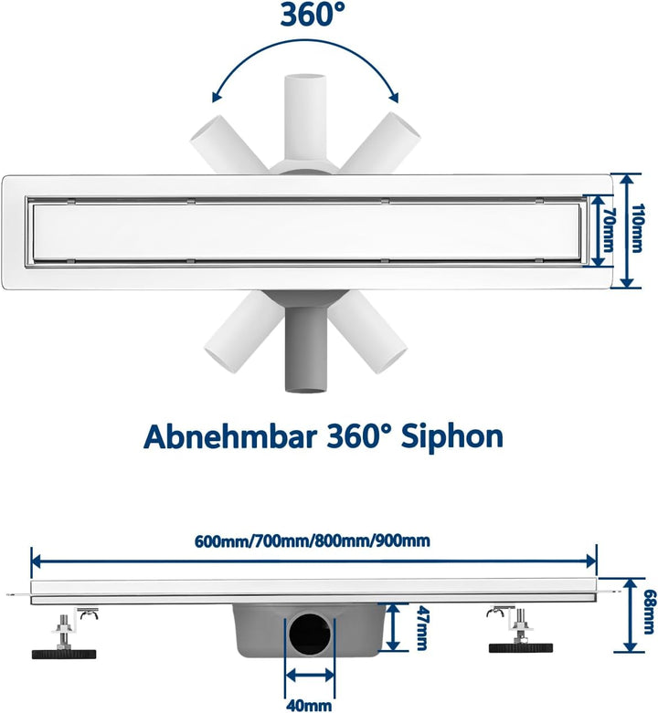 Neodrain Duschrinne 80cm Edelstahl Bodenablauf - 360° Siphon Ablaufrinne Extra Flach mit Geruchsstop