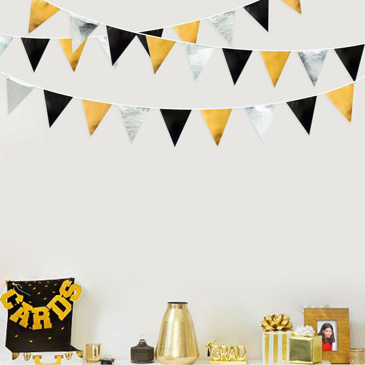 32Ft Schwarz Gold Silber Stoff Dreieck Banner Flagge Doppelseitig Metallic Holographische Wimpel Gir