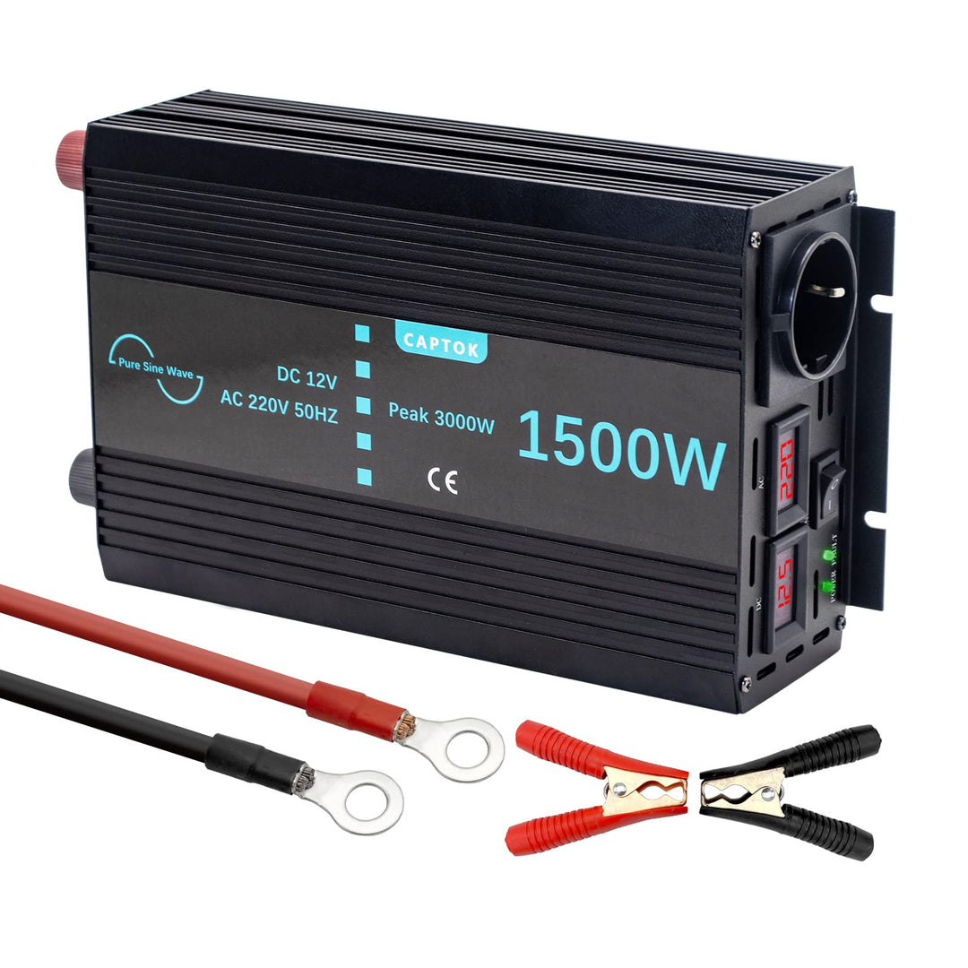 Spannungswandler 1500W/3000W Reiner Sinus-Wechselrichter DC 12V auf AC 230V EU-Steckdose Doppel-LCD-