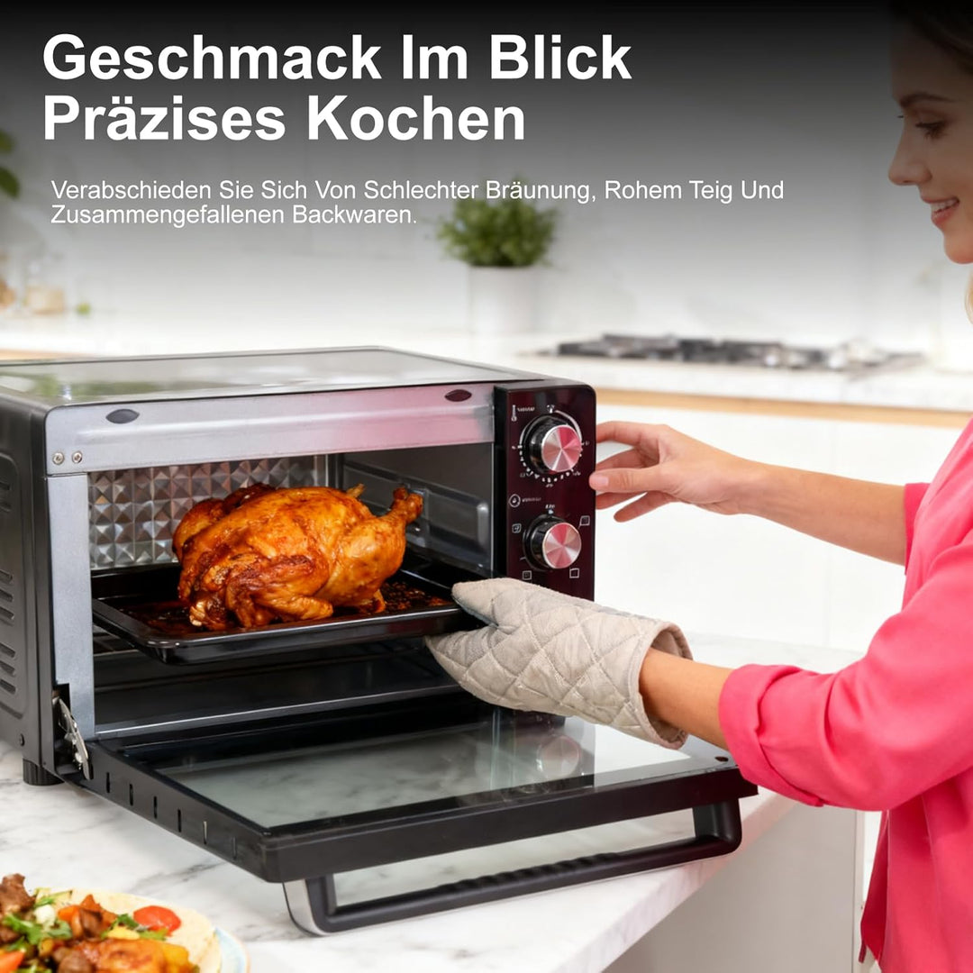 SUPERLEX Mini Backofen 21L Mit Umluft 1200W Ofen Klein 70°C-230°C Tischbackofen 6 Heizmodi 60 Min Ti