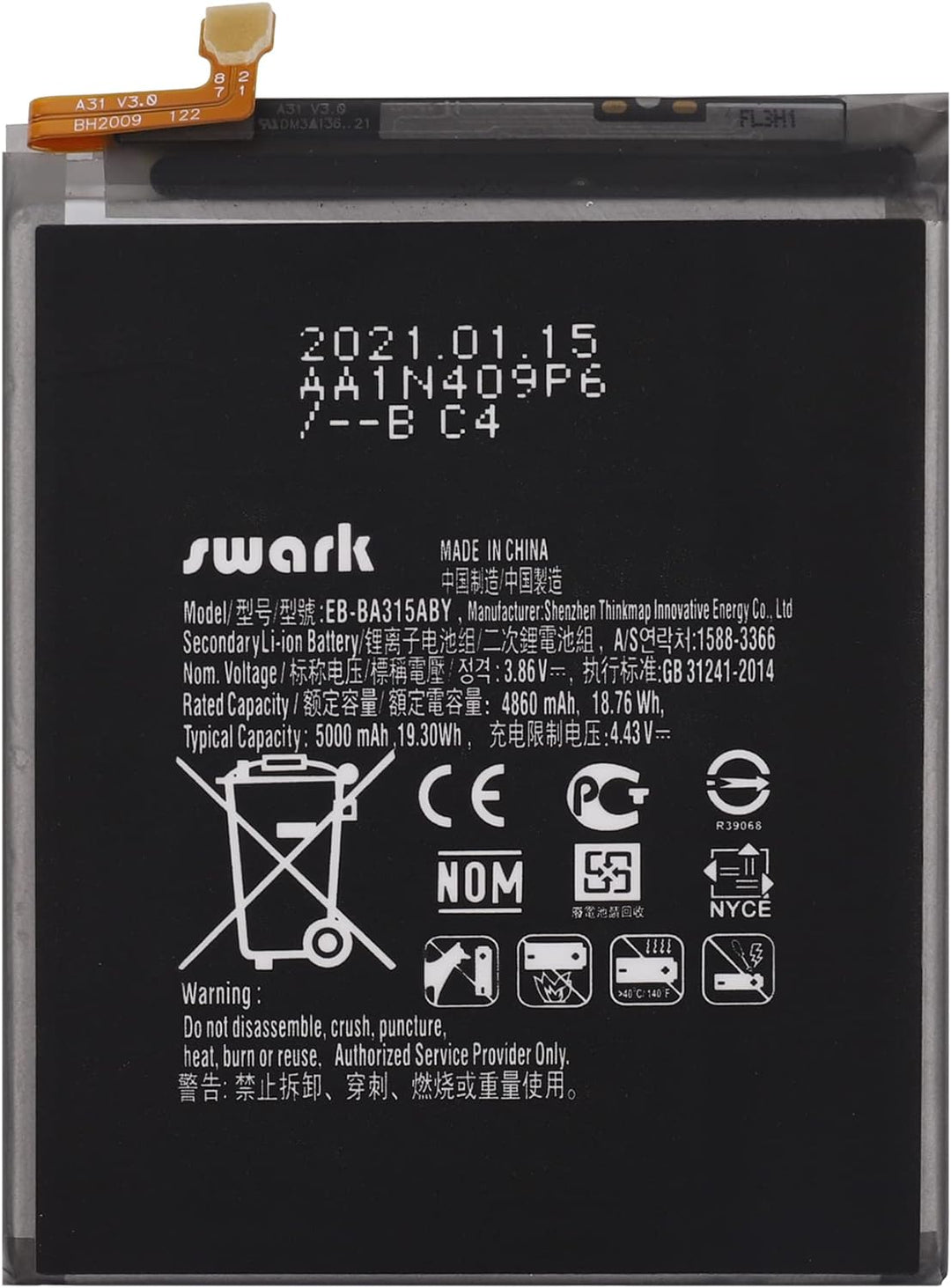 SWARK EB-BA315ABY Akku Kompatibel mit Samsung Galaxy A31 (A315F), Galaxy A32 4G (A325F), Galaxy A22