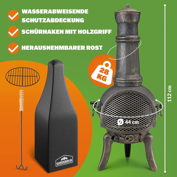 GARDEBRUK® Terrassenofen Gusseisen 28kg Funkenschutz Abdeckung Schürhaken 112cm Gross Feuerstelle Fe