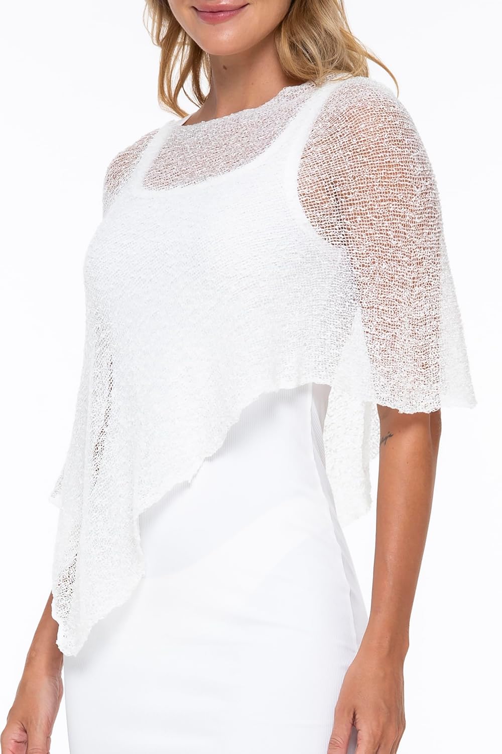 SHU-SHI - Damen Poncho-Top - transparent - leichtes Strickmaterial Weiss, Weiss