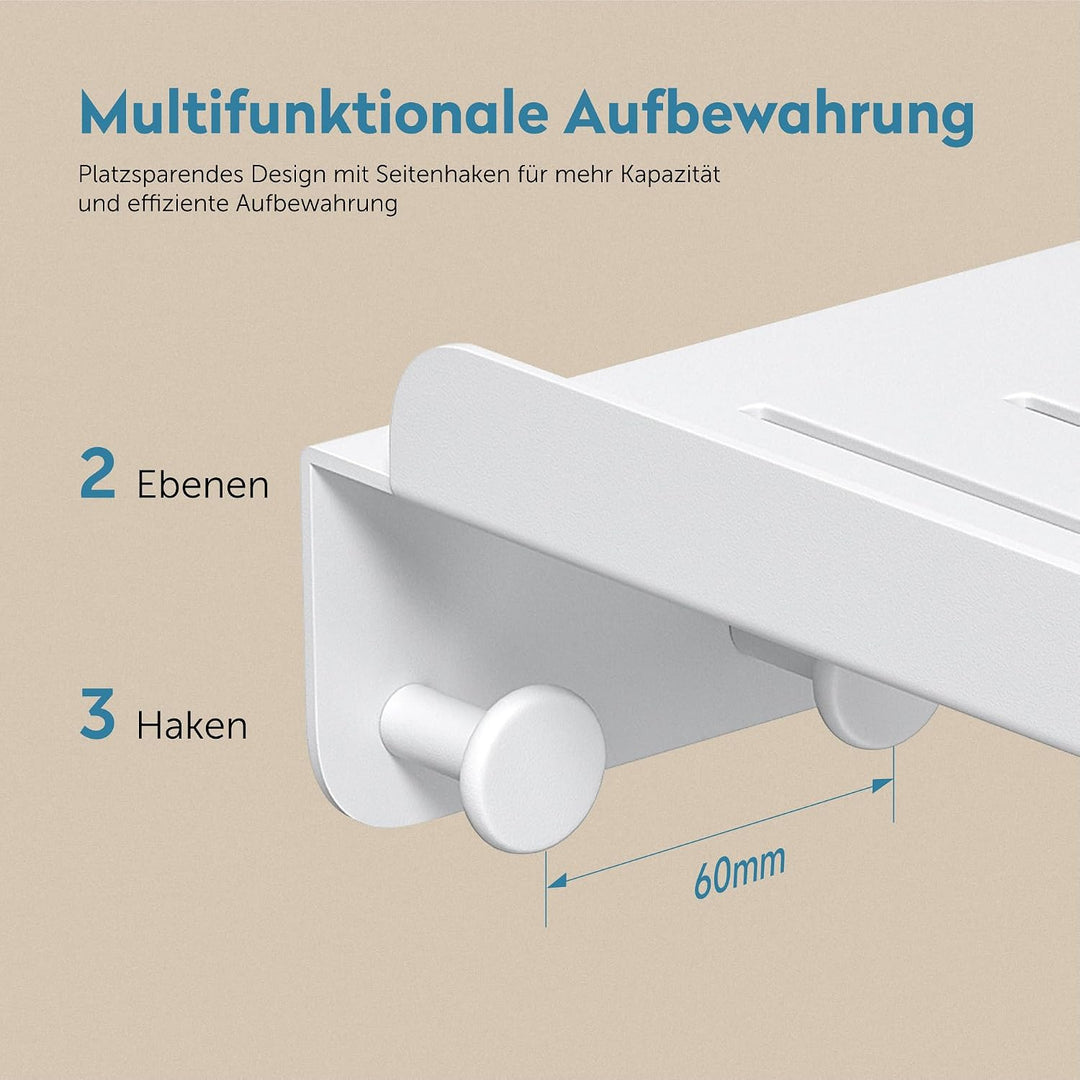 doporro Duschablage ohne Bohren Weiss, Duschregal mit 2 Etagen und 3 Haken | Badregal als Duschablag