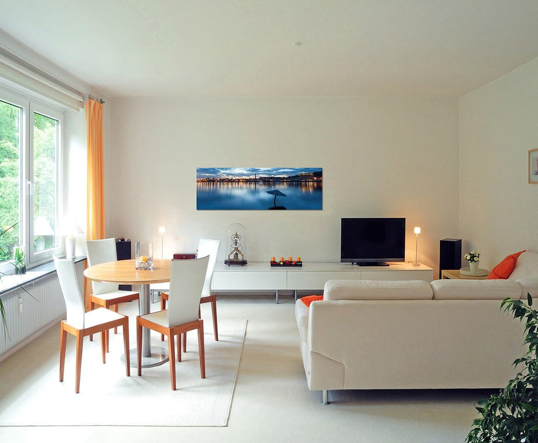 Paul Sinus Art Panoramabild auf Leinwand und Keilrahmen 150x50cm Kiew Meer Stadt Wolken Dämmerung