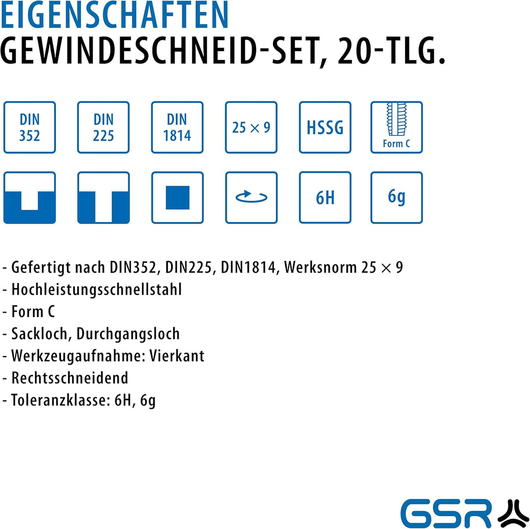 GSR Profi HSS-G Gewindeschneidsatz, 20-teilig, Geschliffen, Gewindebohrer Set M3-M12, Einschnittgewi