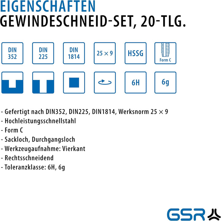 GSR Profi HSS-G Gewindeschneidsatz, 20-teilig, Geschliffen, Gewindebohrer Set M3-M12, Einschnittgewi