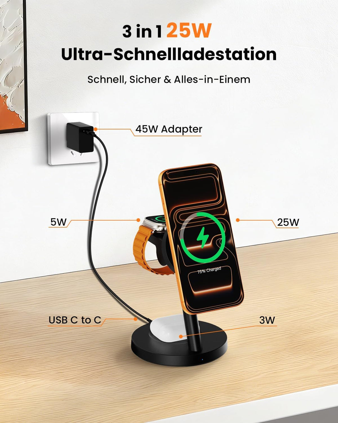 JoyGeek 25 W 3-in-1 Ladestation für iPhone 17/16/15 – Magnetisches Ladegerät für Apple Watch, Samsun