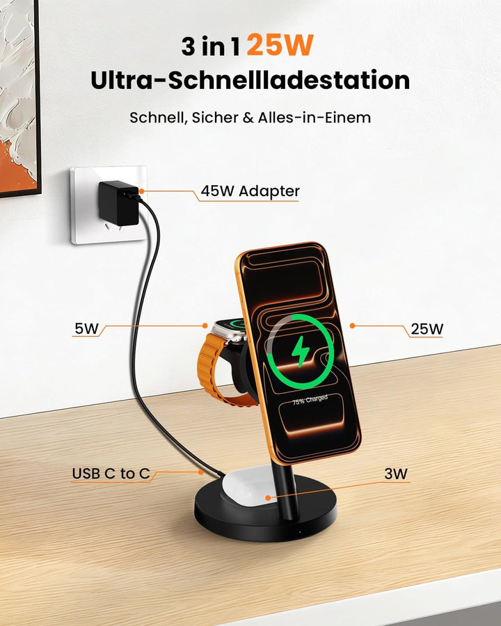 JoyGeek 25 W 3-in-1 Ladestation für iPhone 17/16/15 – Magnetisches Ladegerät für Apple Watch, Samsun