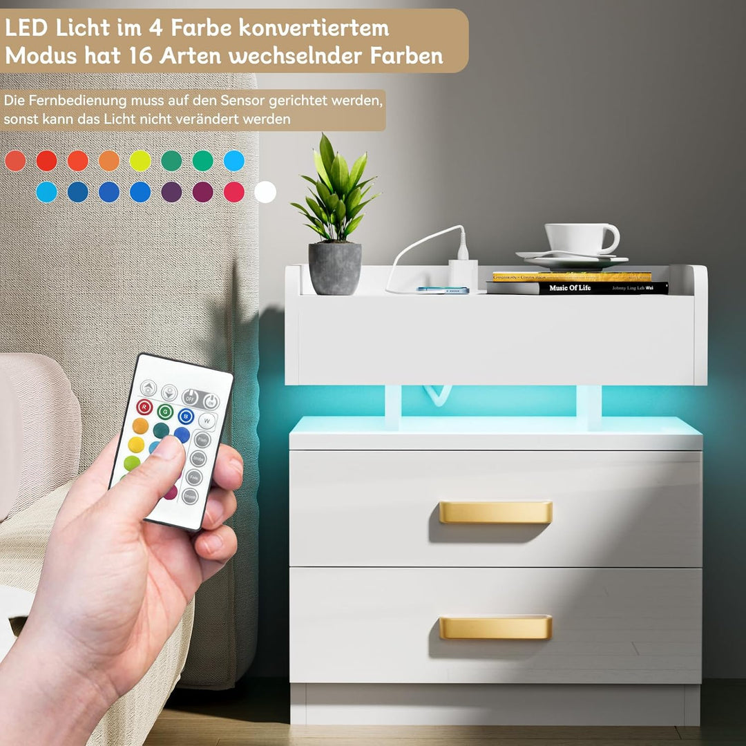 PIPIPOXER Nachttisch mit LED, Nachtschrank mit Steckdosen und USB Anschlüsse mit 3 Schubladen, Nacht