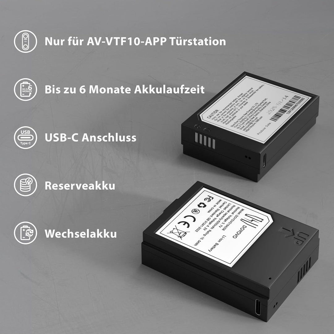 Wechselakku für Funktürsprechanlage AV-VTF10 – 4200 mAh Li-Ion Reserveakku mit USB-C-Anschluss – bis