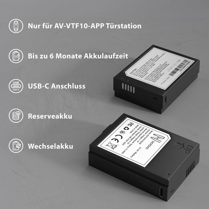 Wechselakku für Funktürsprechanlage AV-VTF10 – 4200 mAh Li-Ion Reserveakku mit USB-C-Anschluss – bis