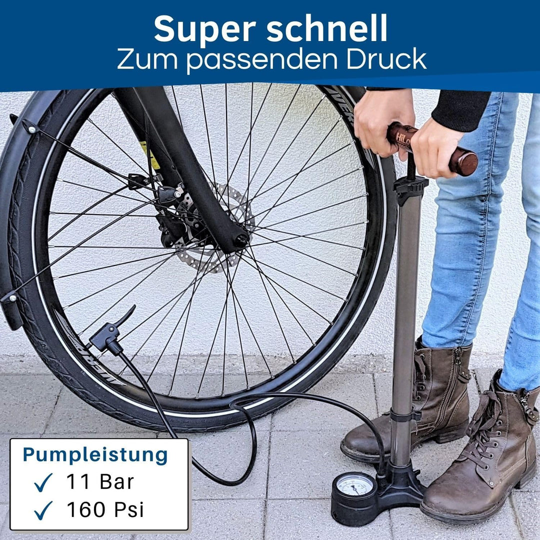 HiLo sports Fahrrad Standpumpe bis 11 bar - [Passt für alle Ventile] - Standluftpumpe mit Holz Griff