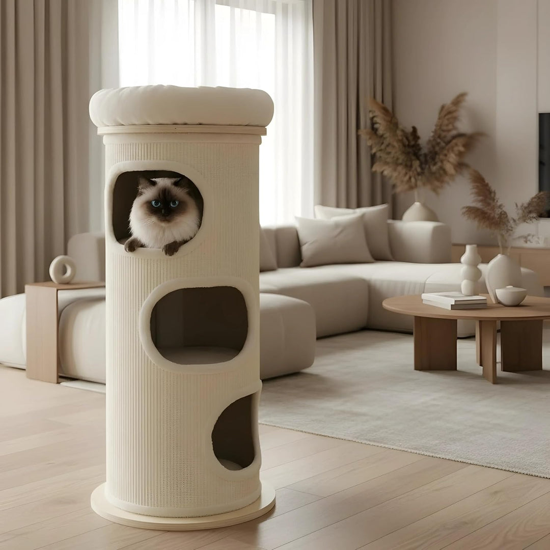 Bamboo Tower XL Kratztonne 110 cm – Kratzbaum Sisal mit Kuschelhöhle, 3 Ebenen und Aussichtsplattfor