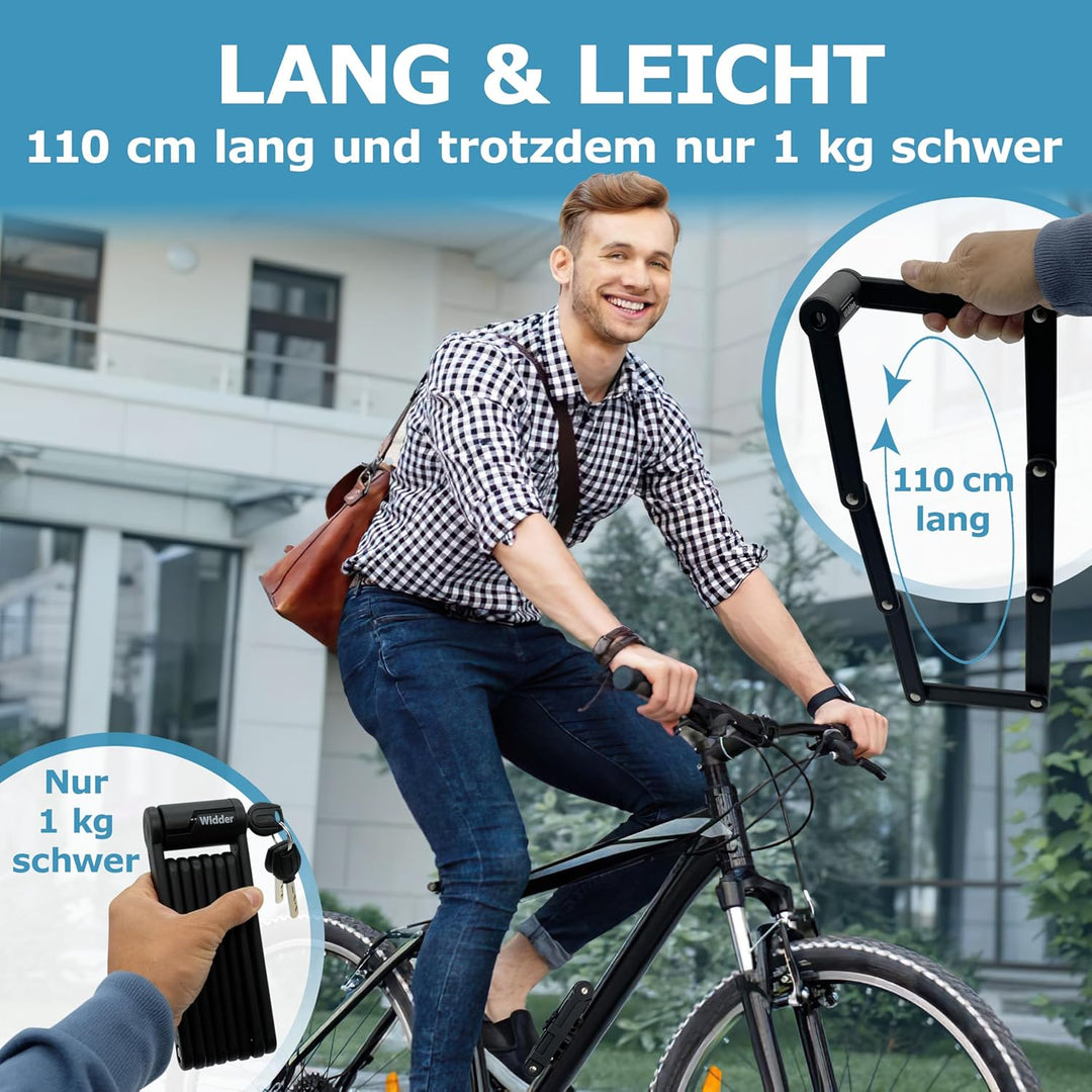WIDDER Faltschloss Fahrrad [1kg leicht & sicher, mit Halterung & AirTag Versteck] aus Spezial-Stahl