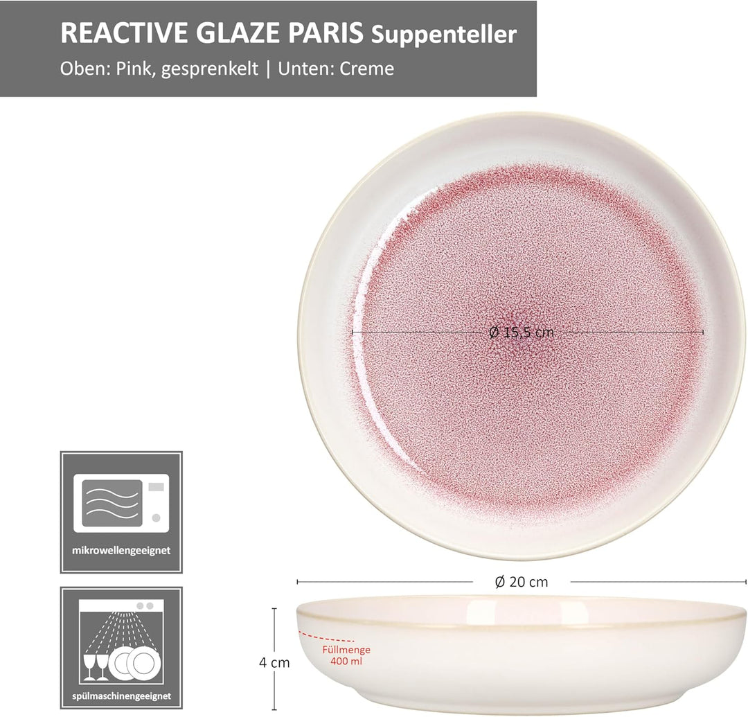 MamboCat 6er Set Reactive Glaze Paris Suppenteller I 400 ml I Creme &amp; Pink I Steingut-Teller für 6 P