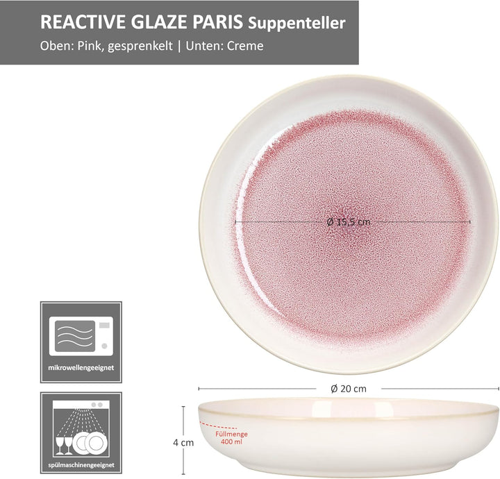MamboCat 6er Set Reactive Glaze Paris Suppenteller I 400 ml I Creme &amp; Pink I Steingut-Teller für 6 P