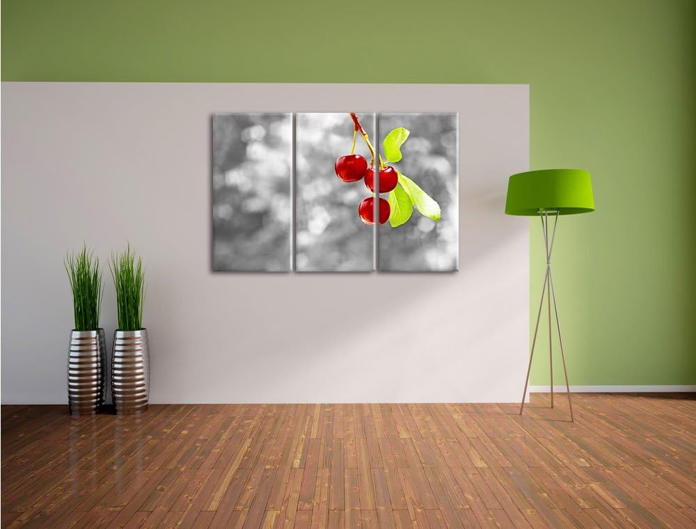 Pixxprint glänzende Kirschen am Zweig als Leinwandbild/Grösse: 3 Teilig (120x80) cm/Wandbild/Kunstdr