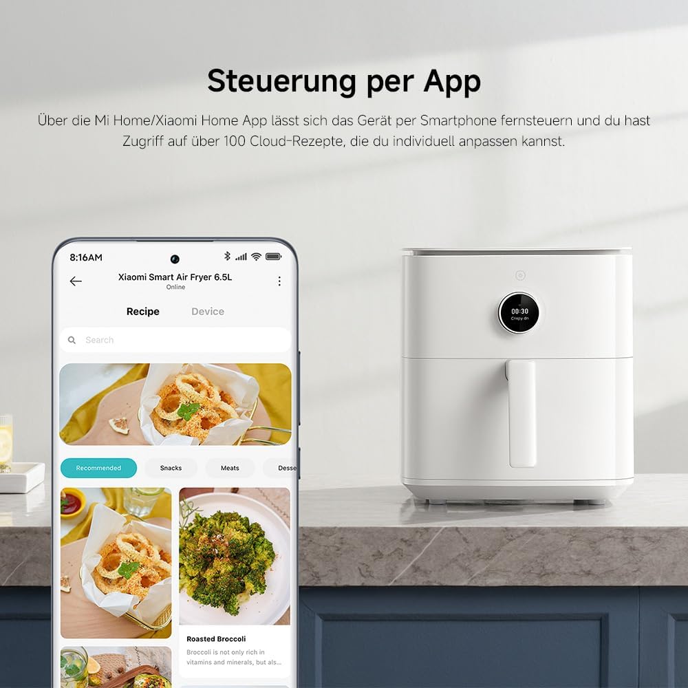 Xiaomi Heissluftfritteuse 6,5L XXL Smart Air Fryer Heissluft Fritteuse, 11 Programmen, Vorheizen&War