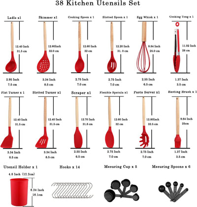 Berglander Silikon Küchenutensilien Set 38-teilig, Küchenutensilien mit Holzgriff, Haken und Utensil