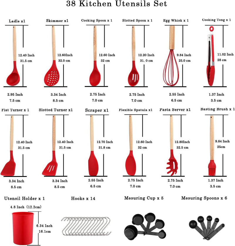 Berglander Silikon Küchenutensilien Set 38-teilig, Küchenutensilien mit Holzgriff, Haken und Utensil