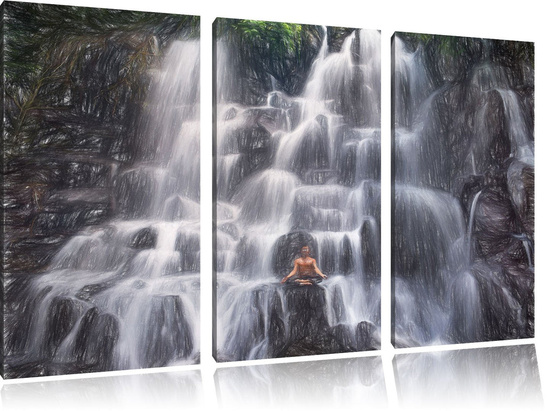 Pixxprint Ruhe und Yoga am Wasserfall Kanto Lampo in Bali Kunst Buntstift Effekt 3-Teiler Leinwandbi