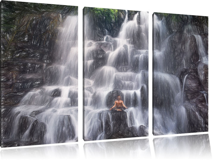 Pixxprint Ruhe und Yoga am Wasserfall Kanto Lampo in Bali Kunst Buntstift Effekt 3-Teiler Leinwandbi