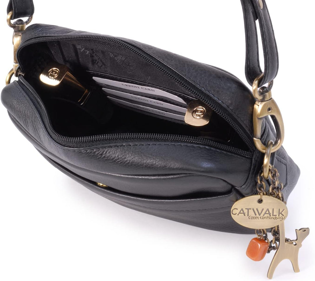 Catwalk Collection Handbags - Leder - Klein Umhängetasche Messenger/Schultertasche - POLLY Schwarz,