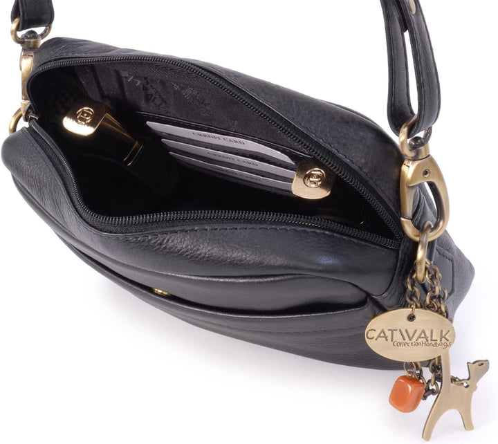 Catwalk Collection Handbags - Leder - Klein Umhängetasche Messenger/Schultertasche - POLLY Schwarz,