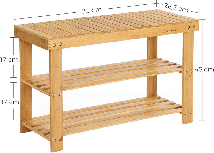 SONGMICS Schuhregal, Schuhschrank mit Sitzbank, Bambus Schuhbank mit 3 Ablagen, 70 x 28 x 45 cm idea