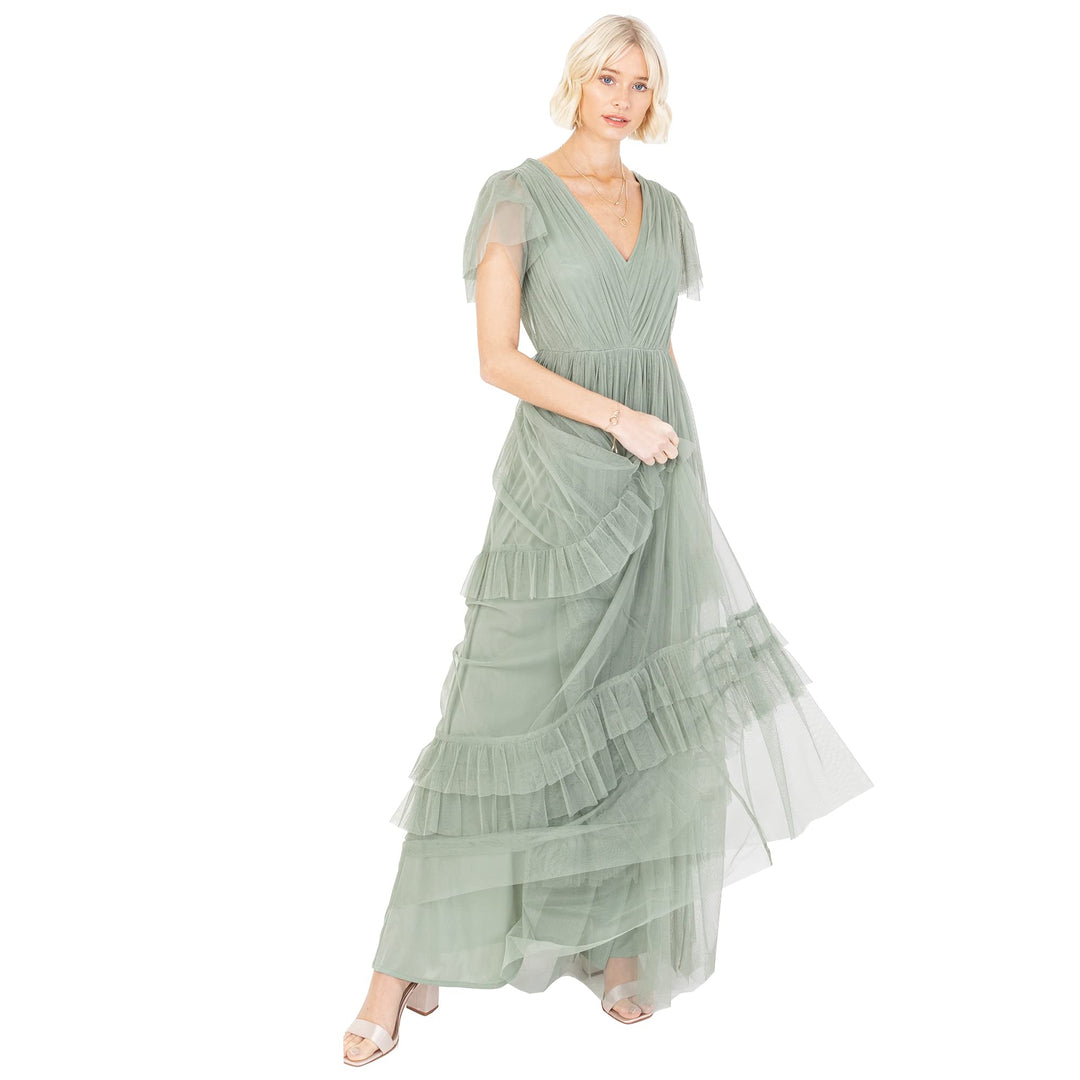 Anaya with Love Damen Ladies Maxi Dress for Women Short Sleeve Evening Ball Gown Tiered V Neck Bow T