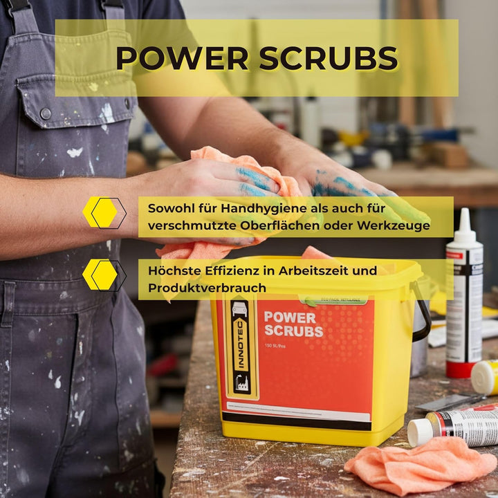 INNOTEC Power Scrubs Box mit 150 Stück – leistungsstarke Reinigungstücher für verschmutzte Hände & O