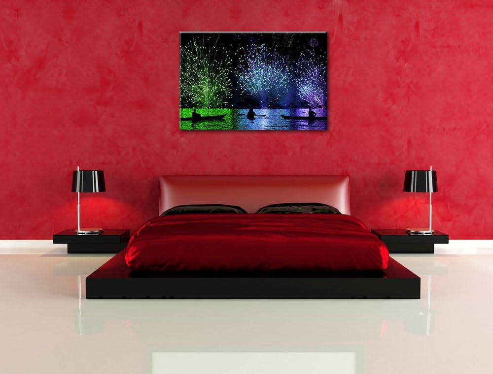 Feuerwerk auf dem Wasser, Format: 100x70 auf Leinwand, XXL riesige Bilder fertig gerahmt mit Keilrah