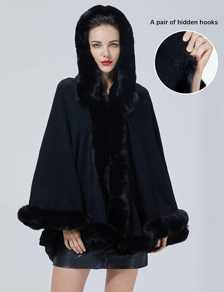 BEAUTELICATE Damen Kunstpelz Strick Poncho Cape Warm Umhang Gestrickt mit Kapuze Cardigan Brautjacke