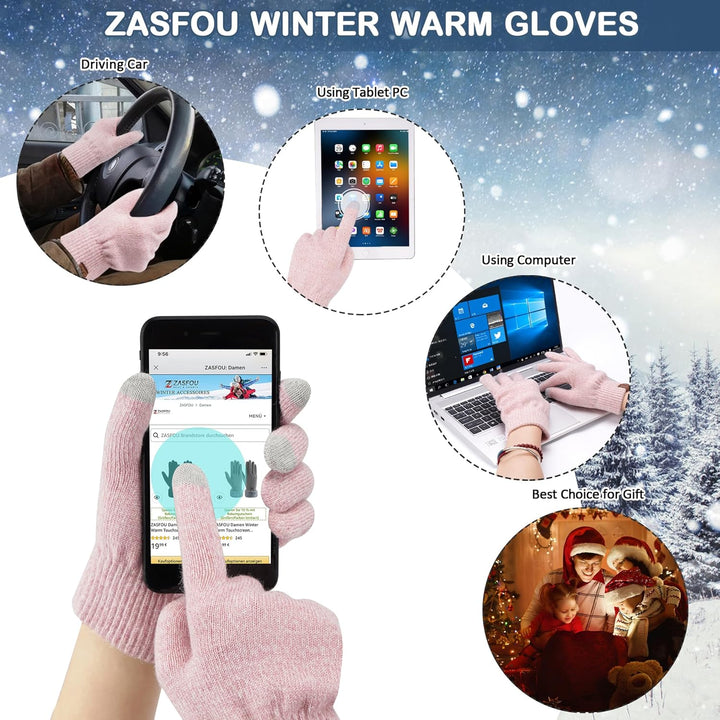 ZASFOU Damen Winter Mütze Schal Touchscreen Handschuhe Set Thermo Beanie Wintermütze Strickmütze Sch