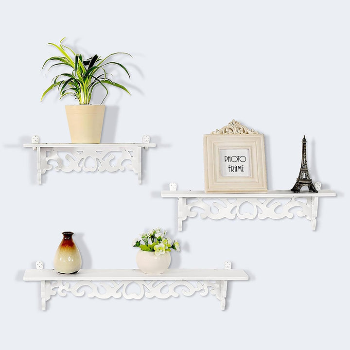 Acouto Display-Wandregal, weiss, 3 Shabby, Schwebendes, Dekoratives, Geschnitztes Aufbewahrungsregal
