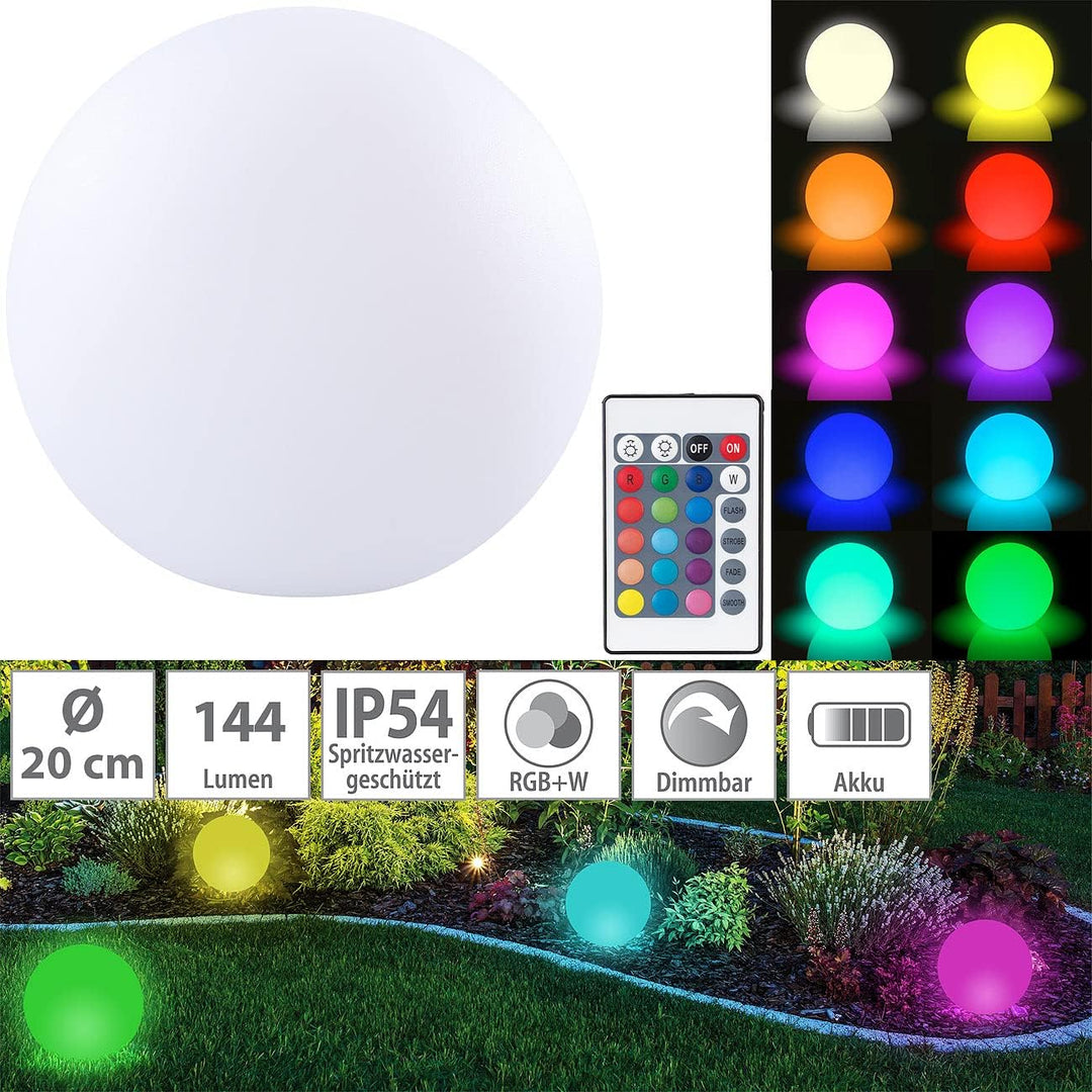 Lunartec Gartenlampen Kugel: Kabellose Akku-Leuchtkugel für innen und aussen, Ø20 cm, IP54, RGBW-LED