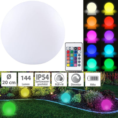 Lunartec Gartenlampen Kugel: Kabellose Akku-Leuchtkugel für innen und aussen, Ø20 cm, IP54, RGBW-LED