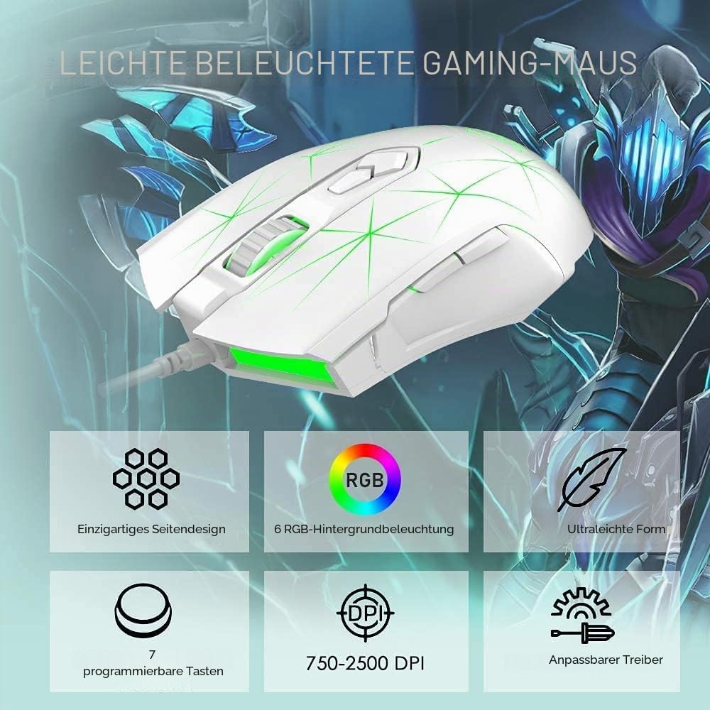LexonElec Kabelgebundene RGB Gaming Maus, 7 Tasten mit 2500 DPI, ergonomische LED-beleuchtete USB-Ga