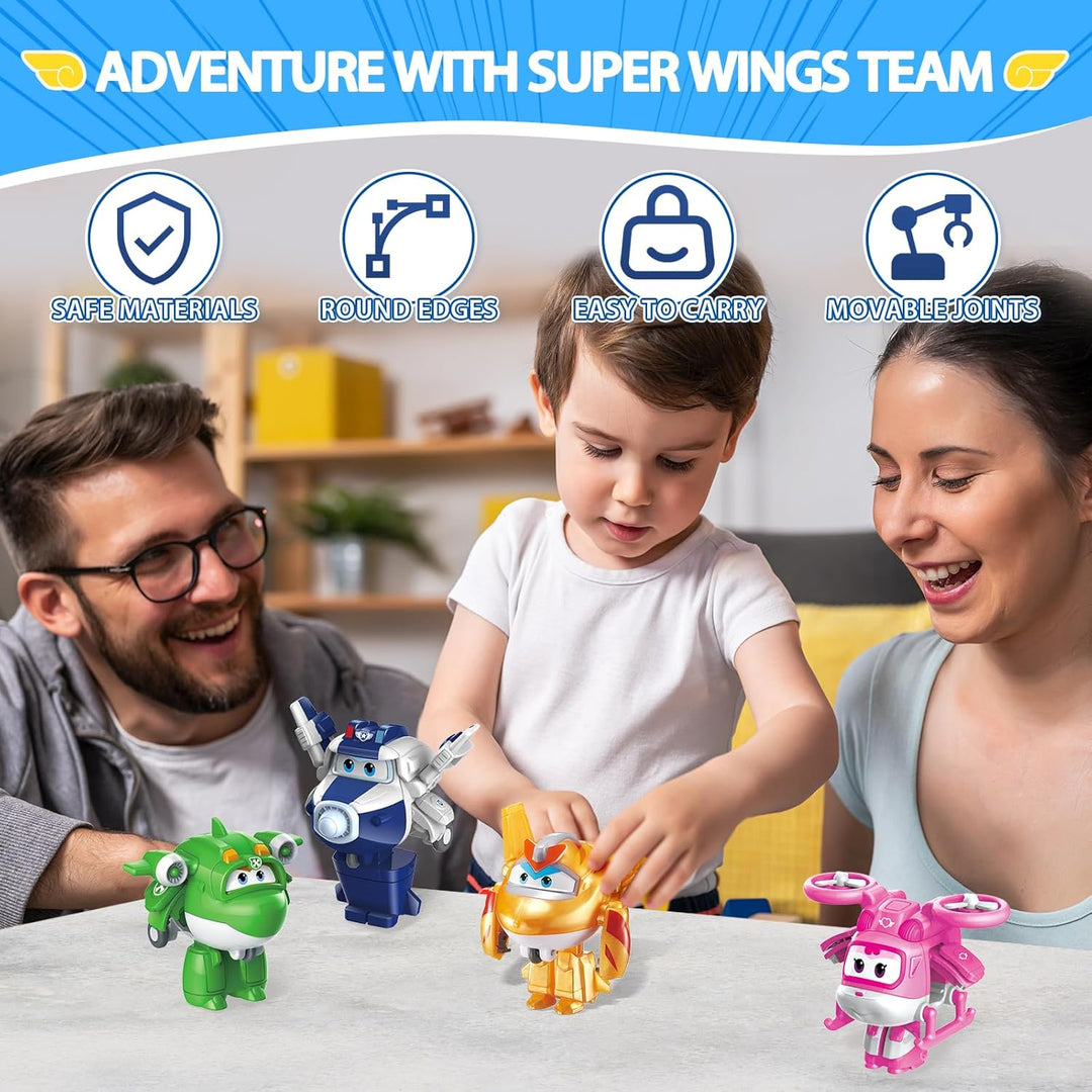 Super Wings Transform-a-Bots 4 Pack with S5 Paul Dizzy & Golden Boy & Mira, Rosa, Gelb, Blau, Grün S