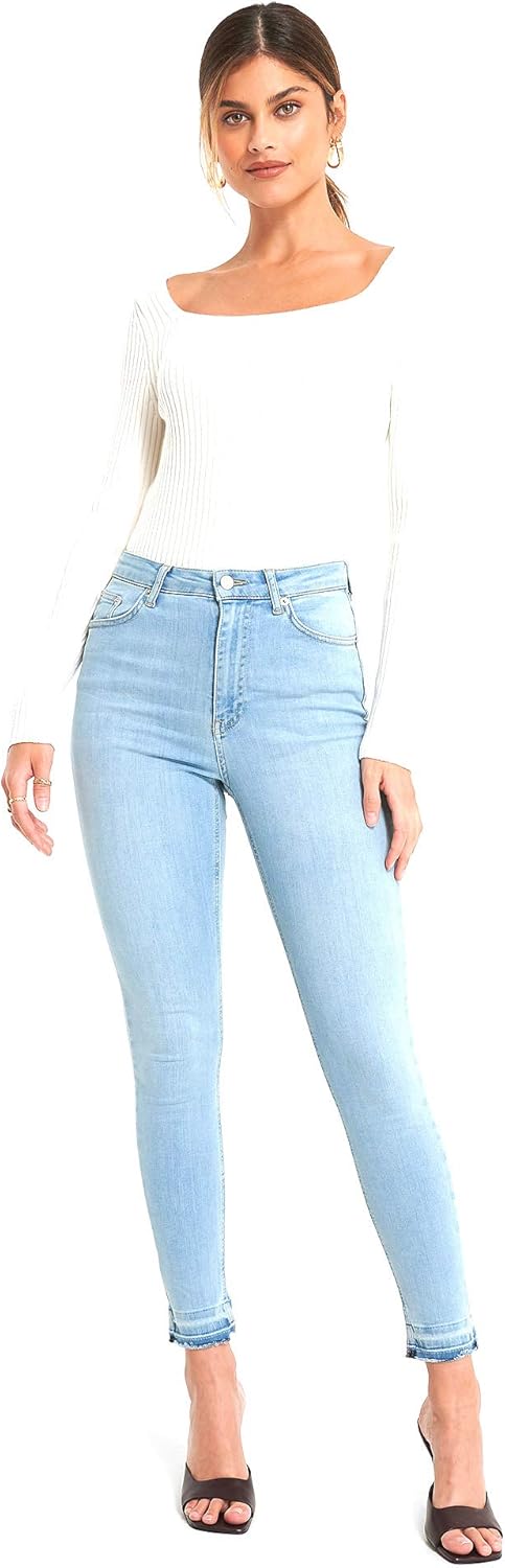 NA-KD Damen Skinny High Waist Open Hem Jeans, Hellblau