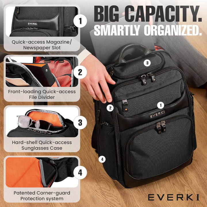 Everki Onyx Business Laptop‑Rucksack | 15,6″ Laptopfach, 25L, ideal für Arbeit & Reise – Schwarz 15.
