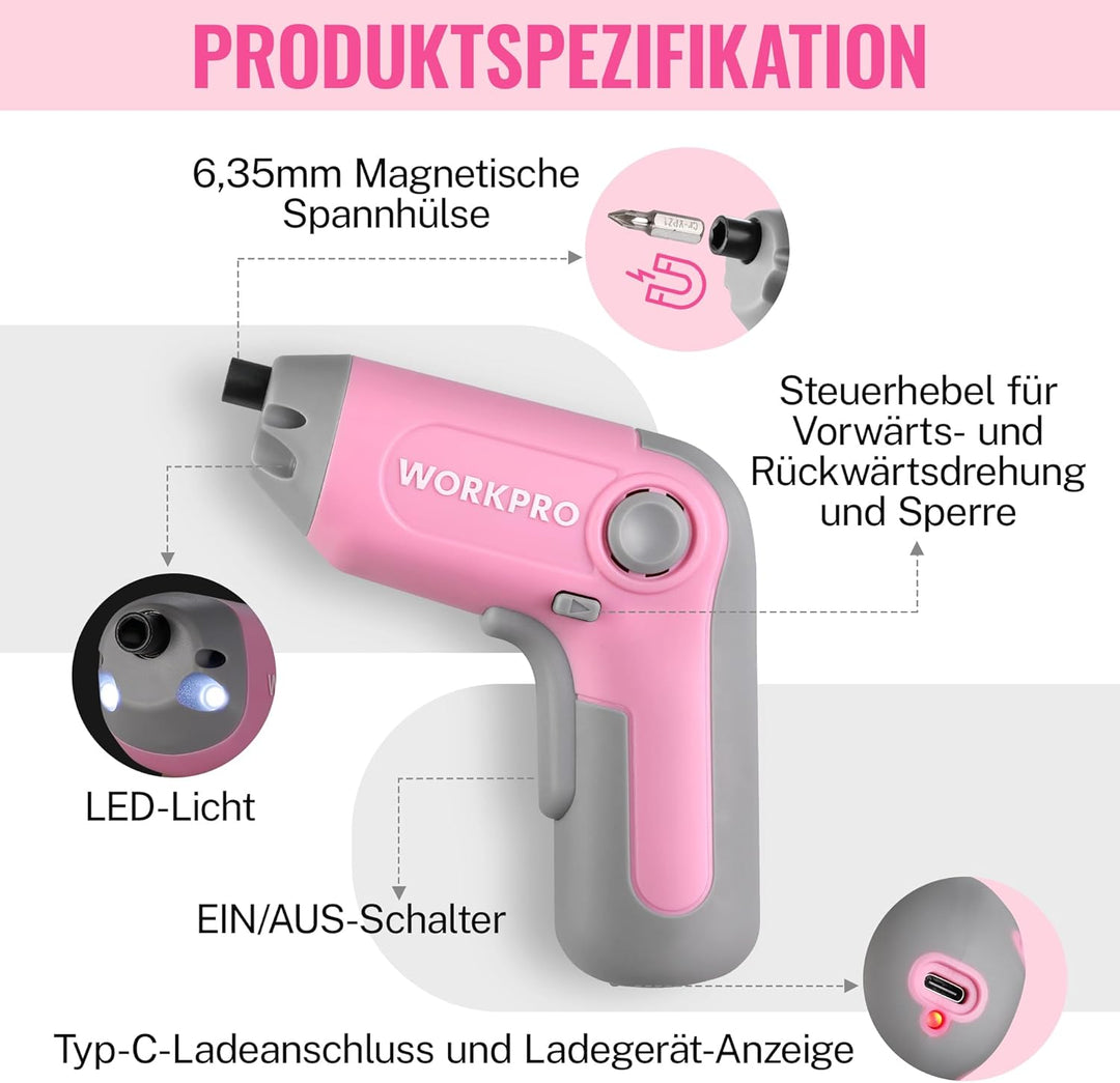 WORKPRO Akkuschrauber Set 3,6V, Exzentrischer Schraubendreher, mit 21 Bits und Verlängerungsstange,