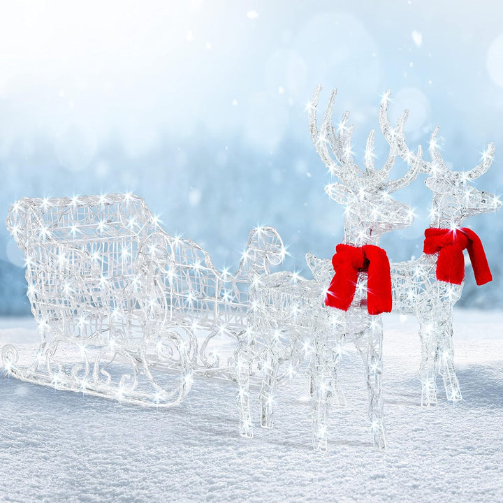 KESSER® 240er LED Rentiere mit Schlitten weiss Timer Inkl. 2X Dekoschal Weihnachtsbeleuchtung für au
