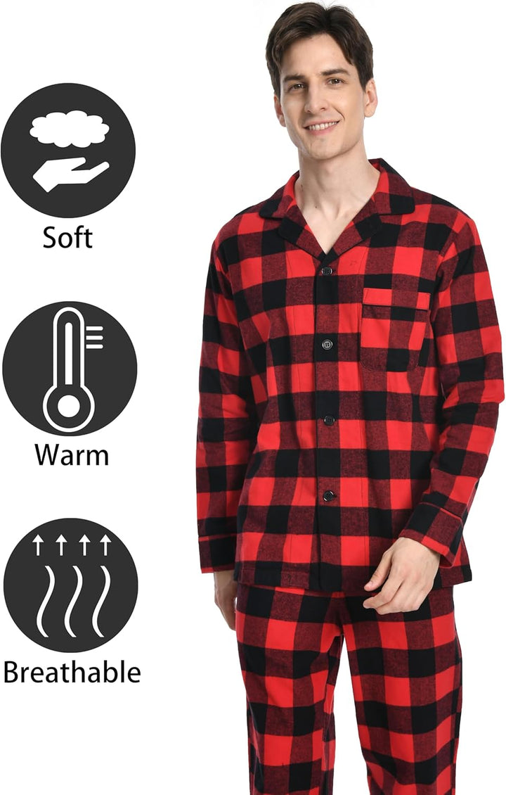 Nutria Herren Schlafanzug Flanell, 100% Baumwolle Karierter Pyjama Set Weich Warm Loungewear Nachtwä