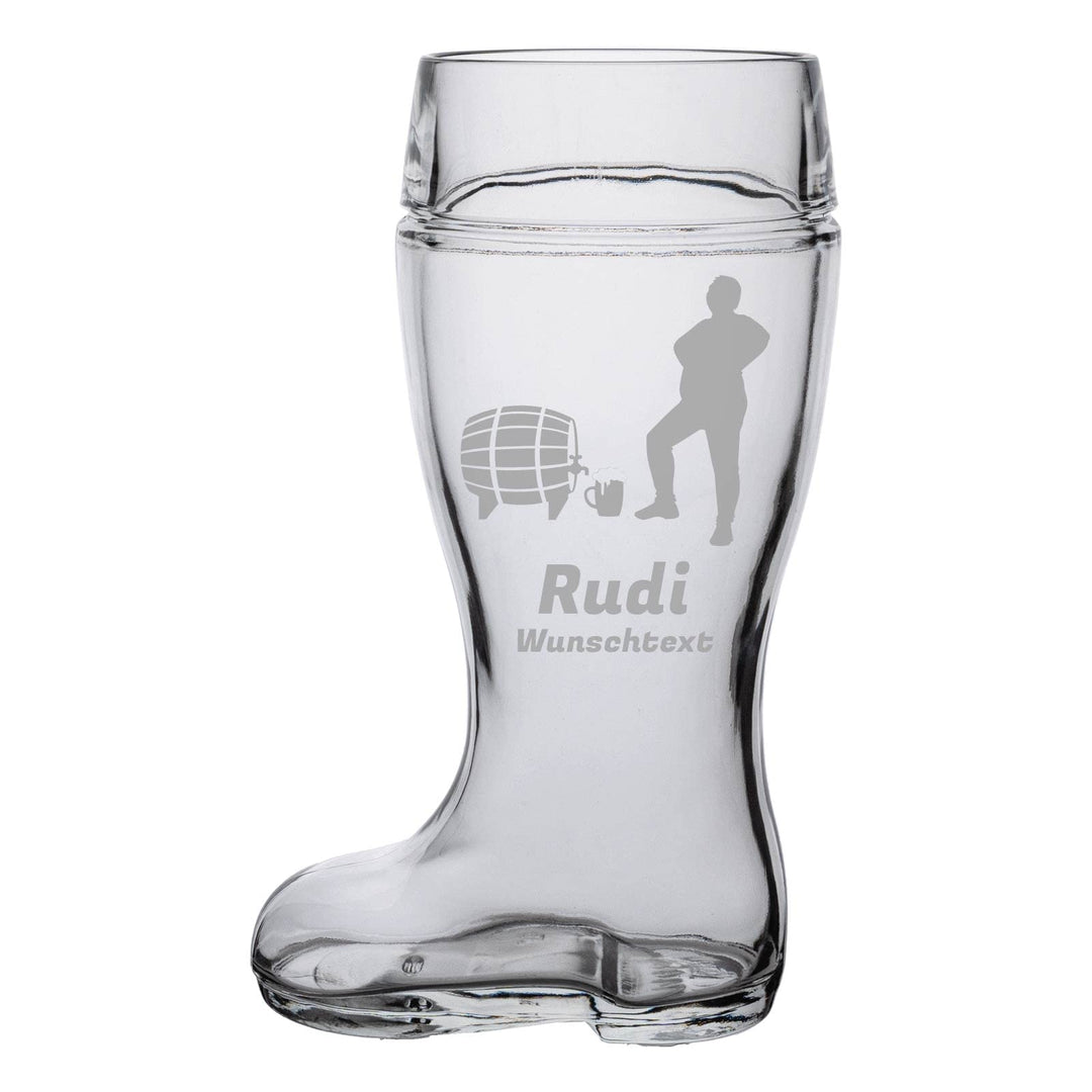 Bierstiefel mit Gravur, Bierglas mit 1,0 Liter Füllstrich, Personalisiertes Glas mit Name & Kneipen-