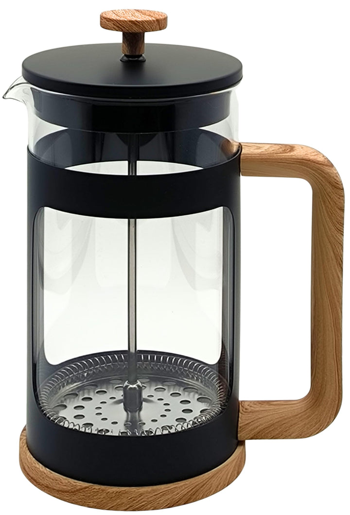 Generisch French Press Kaffeebereiter, 1 L, mattschwarz, Holzoptik-Griff, hitzebeständiges Glas, Ede