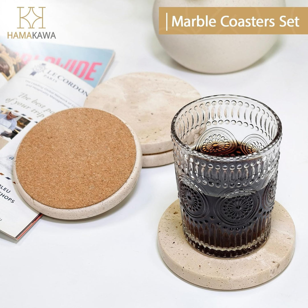 Marmor Untersetzer 4er Set, Untersetzer Naturstein 10cm, Beige Coasters für Couchtisch, Büro, Wohnac